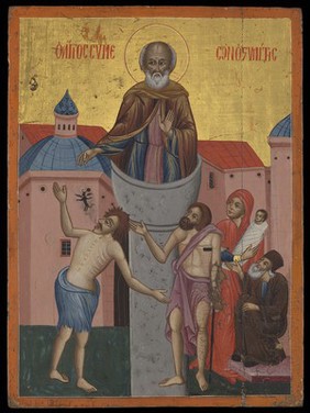 Saint Simeon Stylites the younger. Tempera painting.