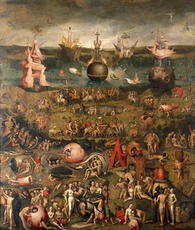 The 'Garden of earthly delights'. Oil painting after Hieronymus Bosch.