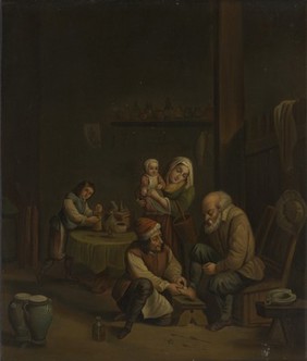 Interior with a surgeon attending to a man's foot, and three other figures. Oil painting by a German (?) follower of David Teniers the younger.