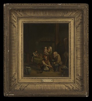 Interior with a surgeon attending to a man's foot, and three other figures. Oil painting by a German (?) follower of David Teniers the younger.