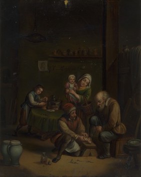 Interior with a surgeon attending to a man's foot, and three other figures. Oil painting by a German (?) follower of David Teniers the younger.