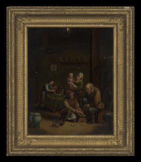 Interior with a surgeon attending to a man's foot, and three other figures. Oil painting by a German (?) follower of David Teniers the younger.