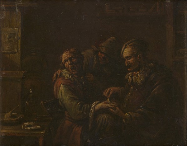 A surgeon removing a plaster from the back of a man's hand. Oil painting after (?) Egbert van Heemskerck.