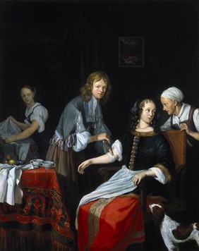 A surgeon binding up a woman's arm after bloodletting. Oil painting by Jacob Toorenvliet, 1666.