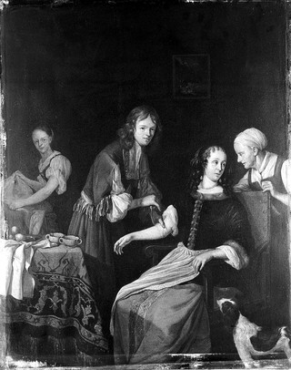 A surgeon binding up a woman's arm after bloodletting. Oil painting by Jacob Toorenvliet, 1666.