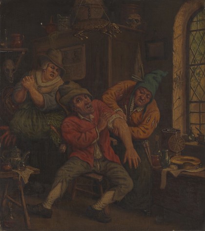 A surgeon applying a probe to the arm of a screaming patient. Oil painting after Cornelis Dusart.