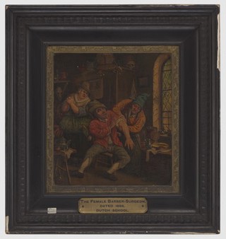 A surgeon applying a probe to the arm of a screaming patient. Oil painting after Cornelis Dusart.