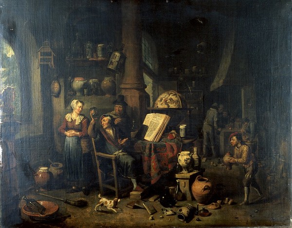 A physician sitting before a table, holding a urine flask, with two women, a boy and several other figures in the room. Oil painting by Gerard Thomas.