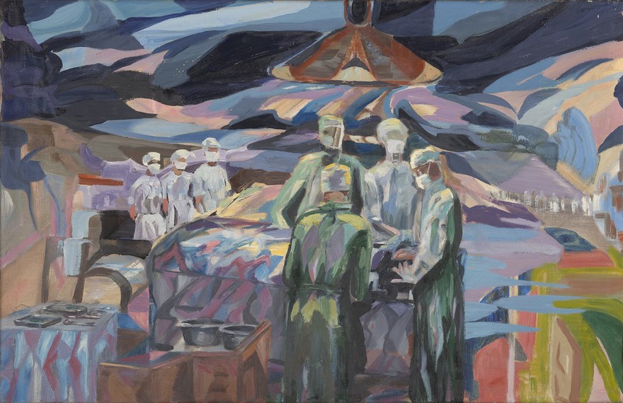 "On the periphery": a patient's view of a surgical operation. Oil painting by Pauline Annesley, 1955.