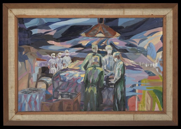 "On the periphery": a patient's view of a surgical operation. Oil painting by Pauline Annesley, 1955.