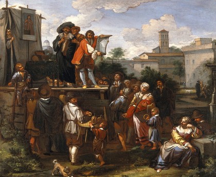 Itinerant medicine vendors in Rome. Oil painting attributed to Dirk Helmbreker.