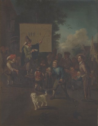 A crowd gathered around a mountebank who points to a banner illustrating various methods of execution; to the left stands a rat-catcher. Oil painting after C.W.E. Dietrich (?) after A. van Ostade (?).