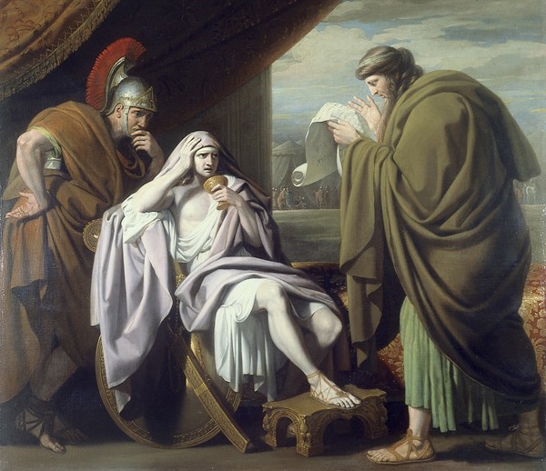 Alexander the Great demonstrating his trust in his physician Philip of Acarnania by drinking a medicinal draught prepared by him despite allegations that it was a poison. Oil painting by Benjamin West, ca. 1771.