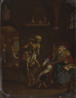 Death and the miser. Coloured mezzotint after Frans Francken.