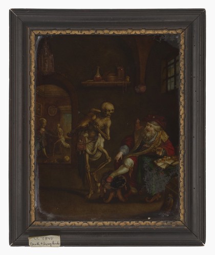 Death and the miser. Coloured mezzotint after Frans Francken.