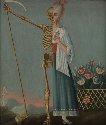 A woman divided into two, representing life and death. Oil painting.