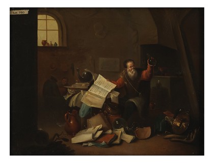 An alchemist in his laboratory. Oil painting after D. Teniers II.