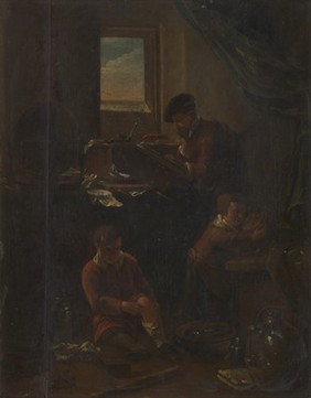 A philosopher in his study, with two children. Oil painting by Thomas Wijck (Thomas Wyck).