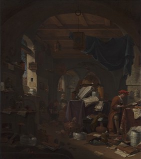 Interior with an alchemist. Oil painting by Thomas Wijck (Thomas Wyck).