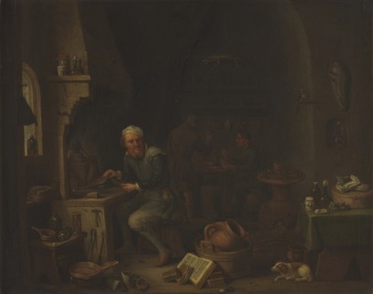 An alchemist seated at a furnace, turning away in thought. Oil painting by or after David Teniers II (?).