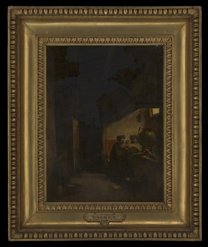 An alchemist applying bellows to a furnace. Oil painting by a follower (?) of François-Marius Granet.