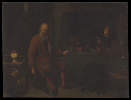 An alchemist in his laboratory. Oil painting by or after David Ryckaert III.