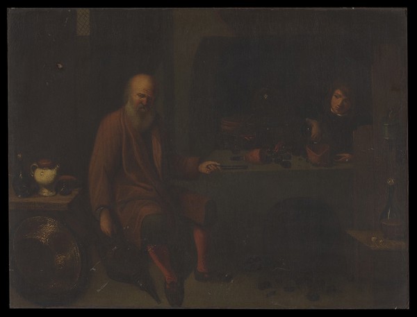 An alchemist in his laboratory. Oil painting by or after David Ryckaert III.
