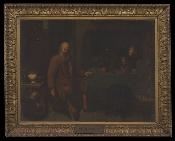An alchemist in his laboratory. Oil painting by or after David Ryckaert III.