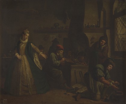 A lady visiting an alchemist's laboratory (?). Oil painting by Jan Josef Horemans I.