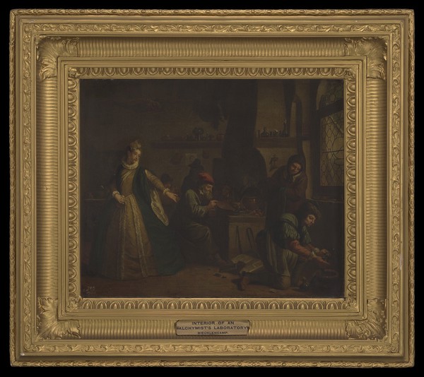 A lady visiting an alchemist's laboratory (?). Oil painting by Jan Josef Horemans I.