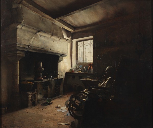 An alchemist. Oil painting by Eugène Lomont, 1890.