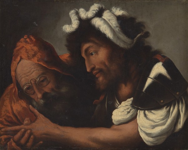 A fortune-teller reading the palm of a soldier. Oil painting by Pietro Della Vecchia.