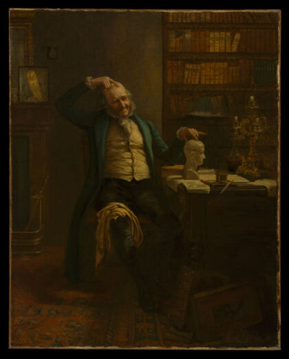 A phrenologist comparing his own head with a phrenological bust. Oil painting by Albert W. Holden.