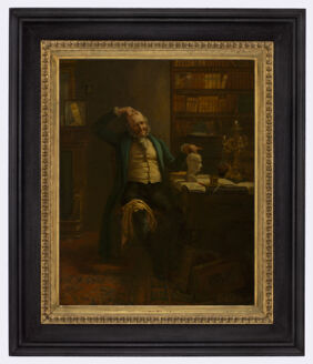 A phrenologist comparing his own head with a phrenological bust. Oil painting by Albert W. Holden.