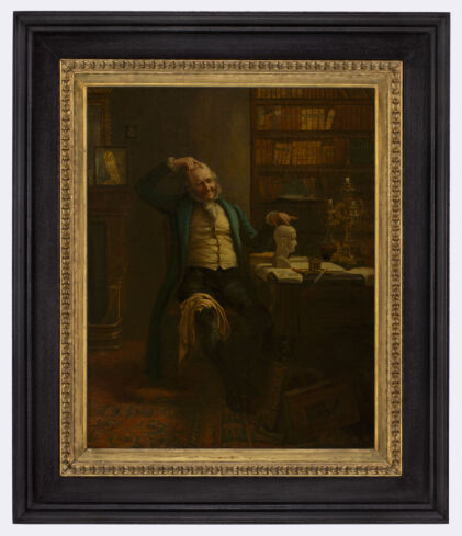 A phrenologist comparing his own head with a phrenological bust. Oil painting by Albert W. Holden.