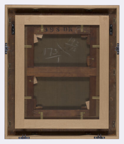 A phrenologist comparing his own head with a phrenological bust. Oil painting by Albert W. Holden.