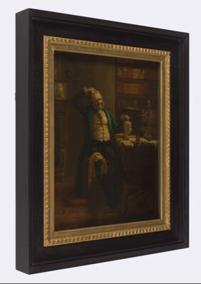 A phrenologist comparing his own head with a phrenological bust. Oil painting by Albert W. Holden.
