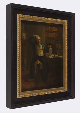 A phrenologist comparing his own head with a phrenological bust. Oil painting by Albert W. Holden.
