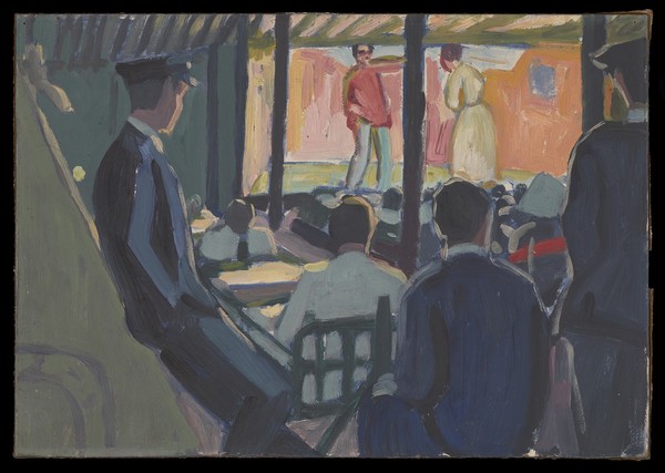 World War I: wounded sailors watching a play (at Netley Hospital?). Oil painting by Godfrey Jervis Gordon ("Jan Gordon").