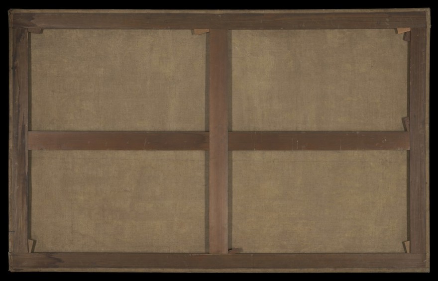 Balarāma, Subhadrā and Jagannāth in the temple at Puri, with many human and sacred figures, buildings and animals. Tempera painting by a painter of Puri, Odisha, ca. 1880/1910.