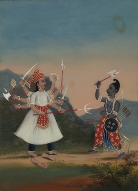 The king Kartavirya Arjuna (left) is attacked by Vishhnu as Paraśurāma (right). Oil (?) painting.