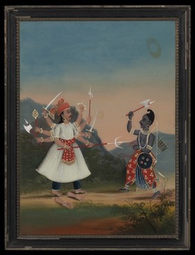 The king Kartavirya Arjuna (left) is attacked by Vishhnu as Paraśurāma (right). Oil (?) painting.