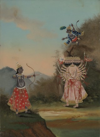 Rama (left) and Hanuman (above, right) fighting the demon Ravana (right). Oil (?) painting.