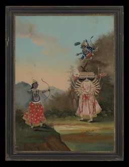 Rama (left) and Hanuman (above, right) fighting the demon Ravana (right). Oil (?) painting.