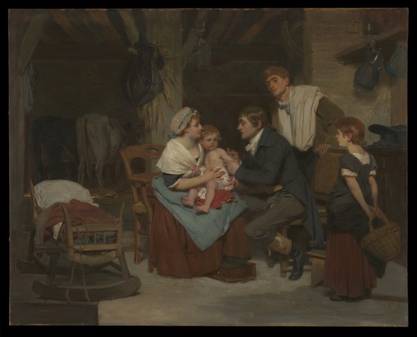 Edward Jenner vaccinating a boy. Oil painting by E.-E. Hillemacher, 1884.