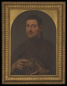 A man holding a skull, called "Fra Dunello". Oil painting.