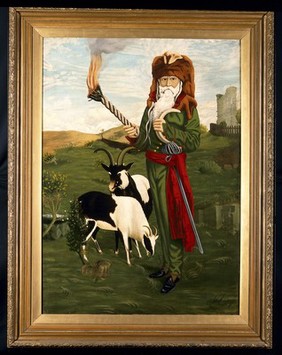 William Price of Llantrisant, in druidic costume, with goats. Oil painting by A C Hemming, 1918.