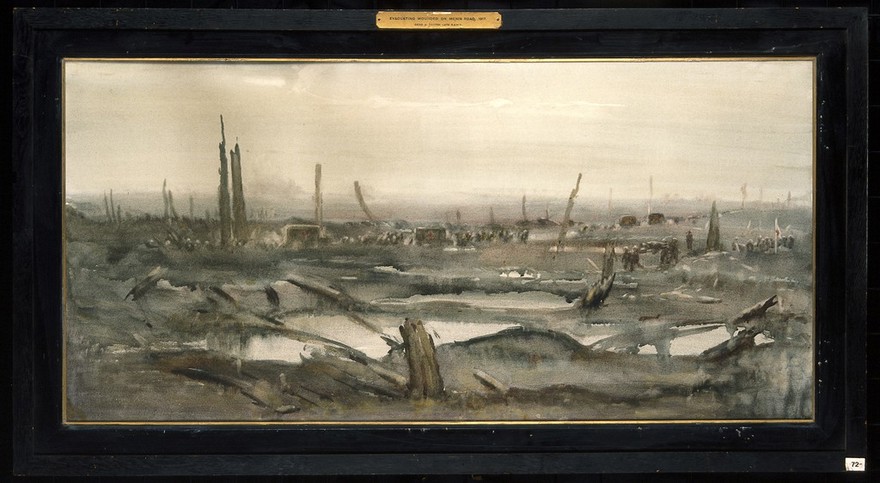World War I: evacuating the wounded on the Menin road, 1917. Watercolour by David A. Baxter.
