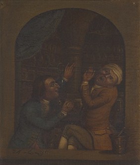 A surgeon extracting a tooth. Oil painting after Gerrit Dou and Tim Bobbin.