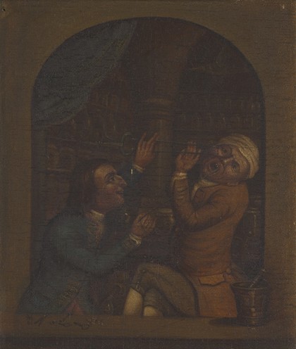 A surgeon extracting a tooth. Oil painting after Gerrit Dou and Tim Bobbin.
